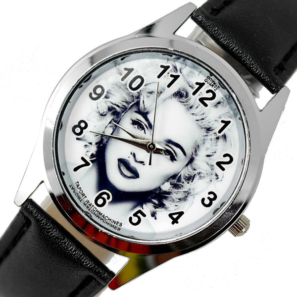 MADONNA MUSIC STAR SINGER S Steel BLACK LEATHER BAND ROUND CD WATCH