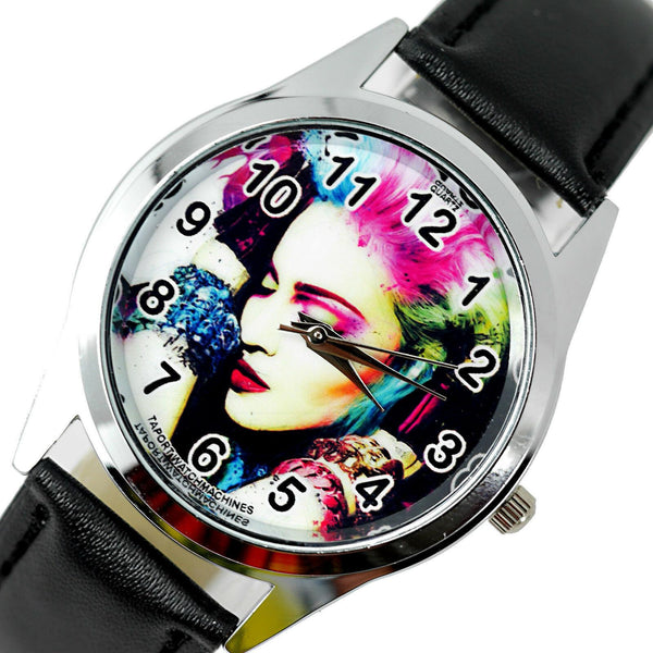 MADONNA MUSIC STAR SINGER S Steel BLACK LEATHER BAND ROUND COLOUR CD WATCH