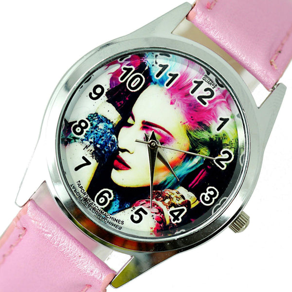 MADONNA MUSIC STAR SINGER S Steel PINK LEATHER BAND ROUND COLOUR CD WATCH