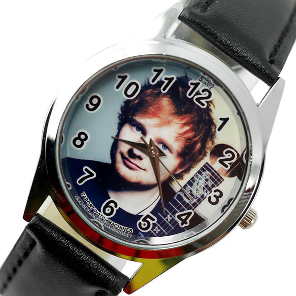 ED SHEERAN MUSIC STAR SINGER Stainless Steel BLACK LEATHER BAND ROUND CD WATCH