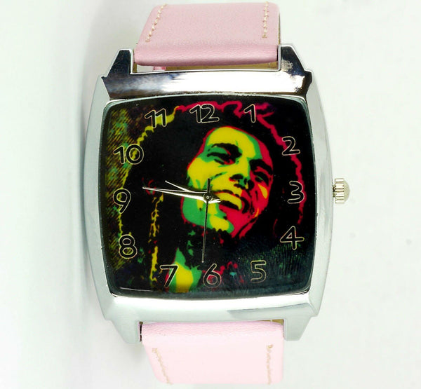 NEW BOB MARLEY JAMAICA REGGAE RASTA SOUL LEATHER MUSIC LEGEND SQUARE PINK WATCH