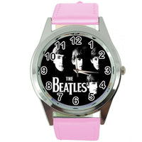 THE BEATLES PINK LEATHER ROCK MUSIC LEGEND ROUND CD DVD TV STEEL WATCH E0