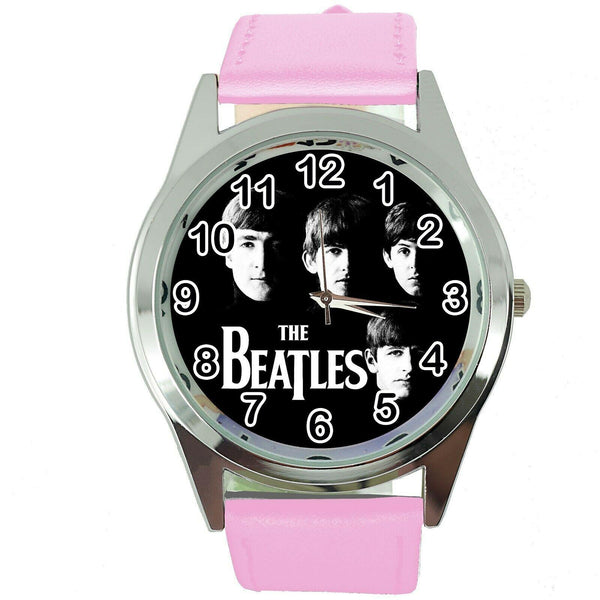 THE BEATLES PINK LEATHER ROCK MUSIC LEGEND ROUND CD DVD TV STEEL WATCH E0