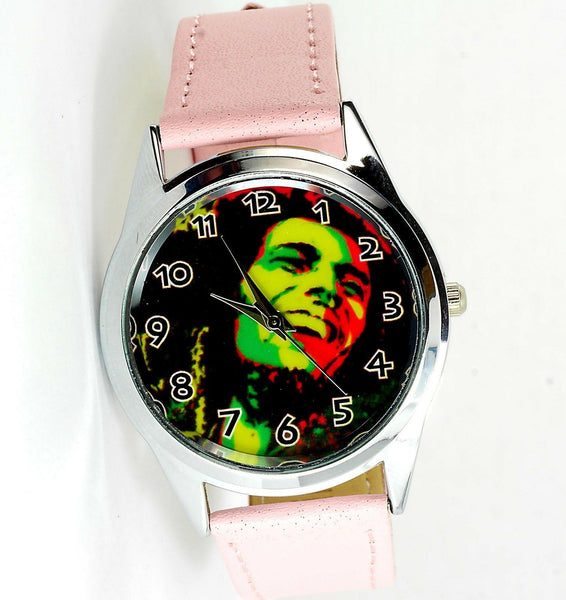 BOB MARLEY JAMAICA REGGAE RASTA SOUL LEATHER MUSIC LEGEND ROUND CD PINK WATCH