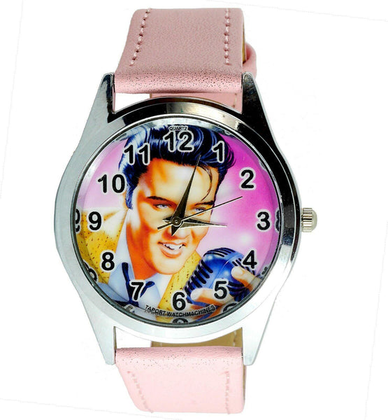 ELVIS PRESLEY WATCH Stainless LEATHER MUSIC KING LEGEND ROUND PINK BAND WATCH E1