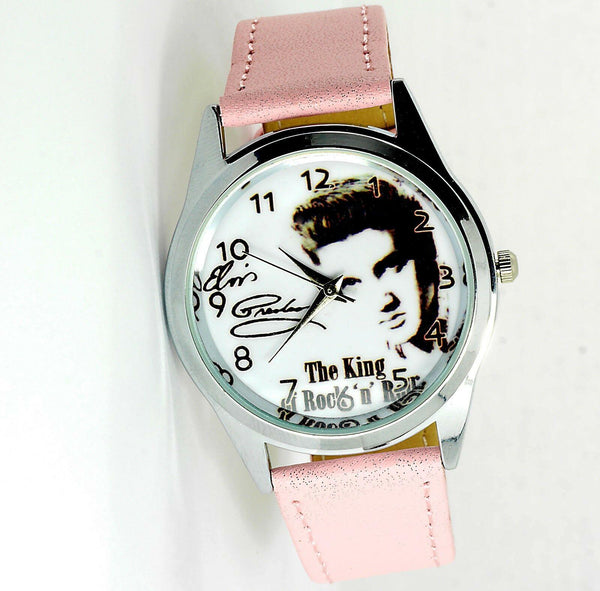 ELVIS PRESLEY WATCH STEEL LEATHER MUSIC KING LEGEND ROUND CD PINK STRAP WATCH E0