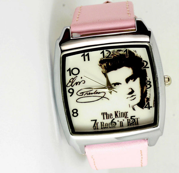 ELVIS PRESLEY WATCH Steel LEATHER MUSIC KING LEGEND SQUARE CD PINK BAND WATCH E1