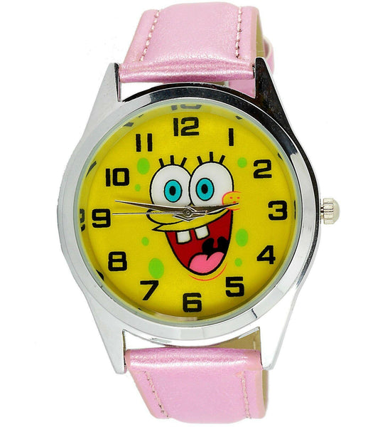 SPONGE BOB Stainless Steel PINK LEATHER YELLOW ROUND DIAL MOVIE FILM WATCH UK