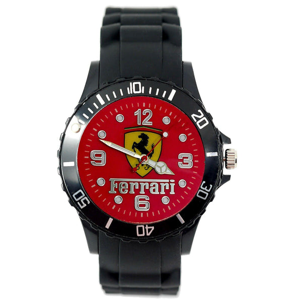 FERRARI Mens SILICONE Black Red CHROME Dial Sport RACING Watch RELOJ UHR ZEGAREK
