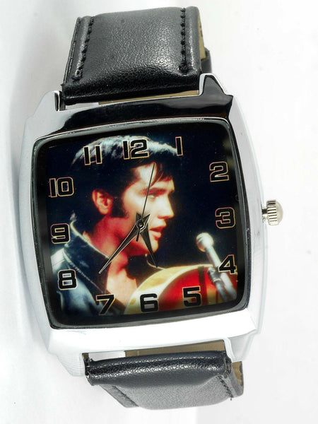 ELVIS PRESLEY WATCH Stainless Steel LEATHER MUSIC KING LEGEND SQUARE CD WATCH E3