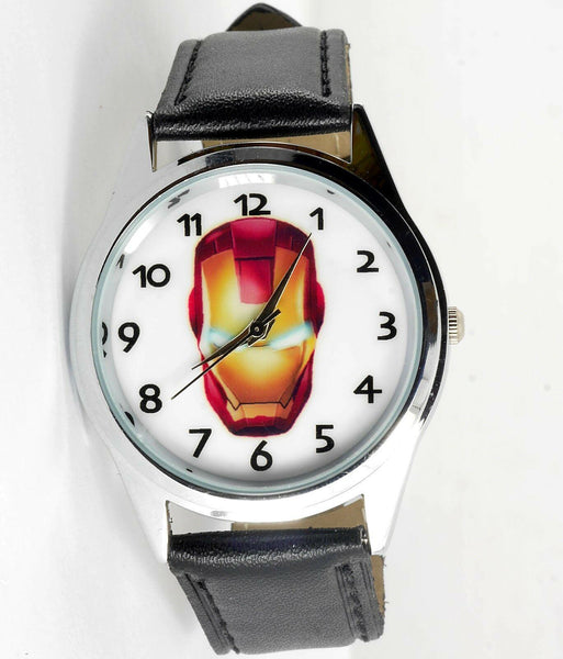 IRONMAN IRON MAN FILM SUPERHERO HERO BLACK LEATHER COMICS MOVIE DVD ROUND WATCH