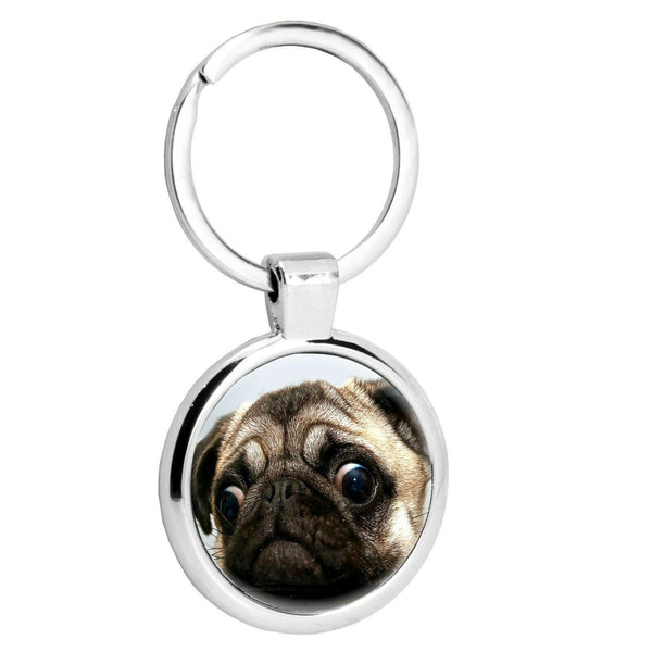 PUG DOG PUPPY STAINLESS STEEL LARGE 36MM ROUND SILVER HEAVY DUTY PHOTO KEYRING