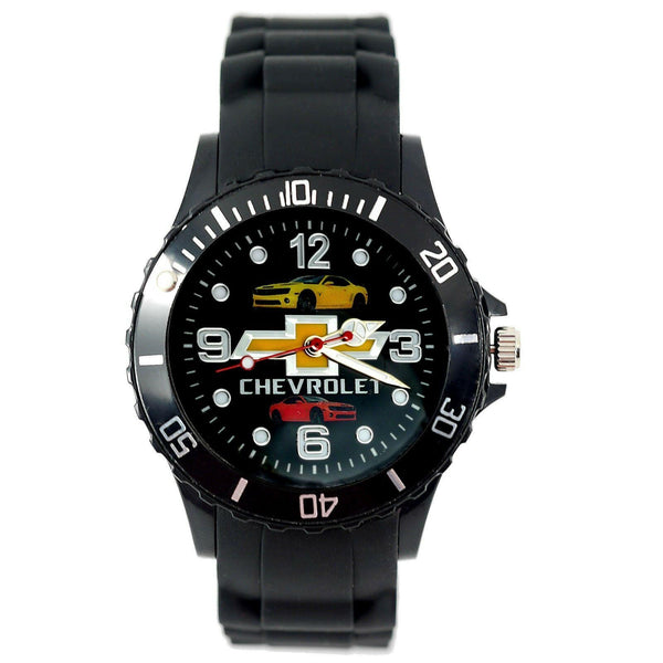 CHEVROLET Mens SILICONE Black Red CHROME Dial Sport RACING CAR Watch RELOJ UHR