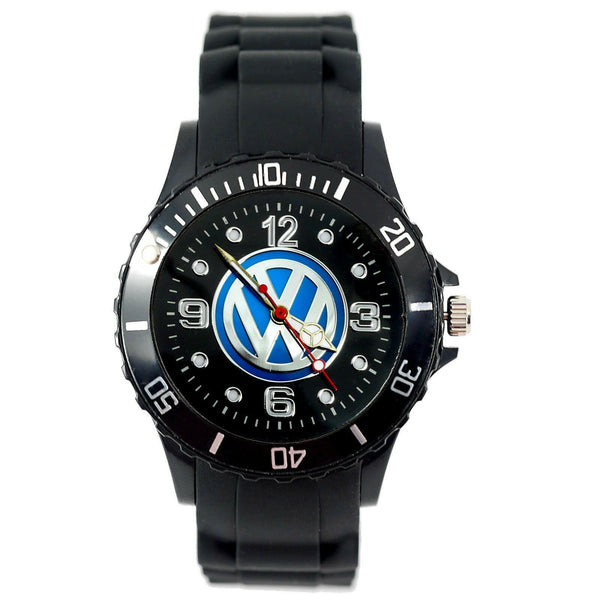 VW VOLKSWAGEN Mens SILICONE Black CHROME Dial Sport RACING CAR Watch RELOJ UHR