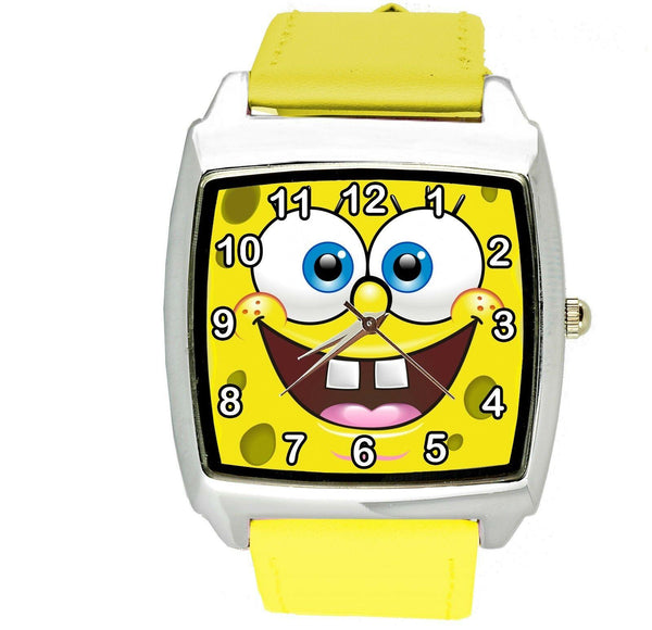 SPONGE BOB Stainless Steel YELLOW LEATHER YELLOW SQUARE DIAL MOVIE FILM WATCH UK