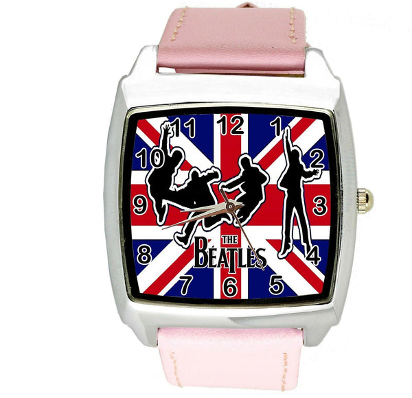 UNION JACK UK FLAG THE BEATLES PINK LEATHER MUSIC LEGENDS SQUARE Steel WATCH E4