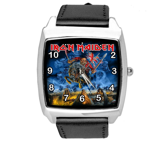 IRON MAIDEN BLACK REAL LEATHER MUSIC HARD ROCK AND ROLL BAND CD DVD SQUARE WATCH