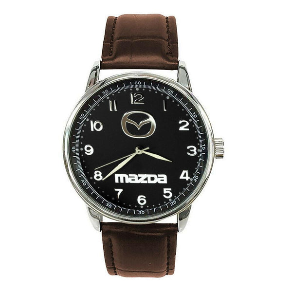 Mazda Mens Stainless Steel Black Dial BROWN Leather Strap Sport CAR Watch