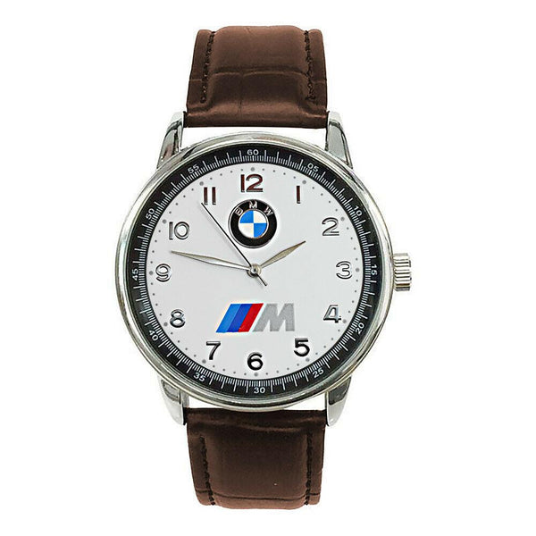 BMW Mens Stainless Steel WHITE Dial BROWN Leather Strap Sport CAR Watch