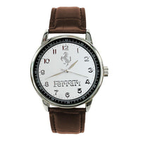FERRARI Mens Stainless Steel WHITE Dial BROWN Leather Strap Sport CAR Watch