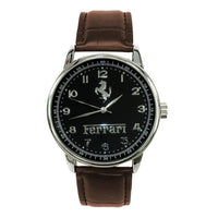 FERRARI Mens Stainless Steel BLACK Dial BROWN Leather Strap Sport CAR Watch