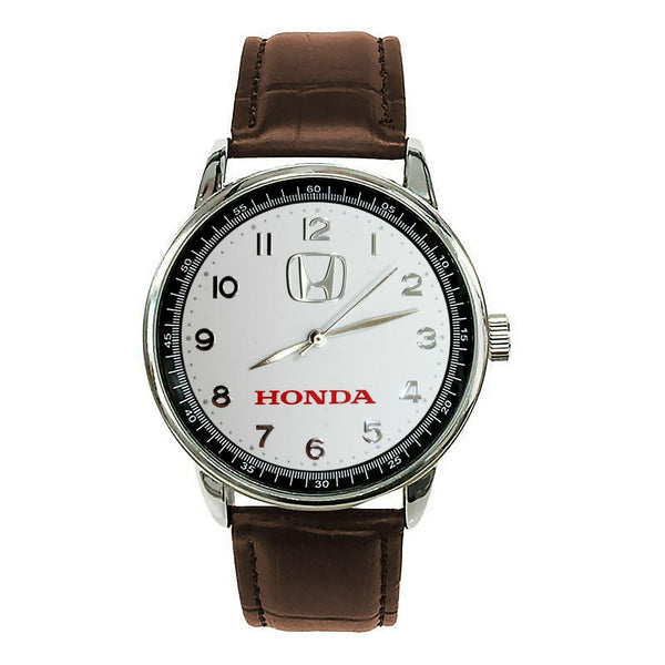 HONDA Mens Stainless Steel WHITE Dial BROWN Leather Strap Sport CAR Watch