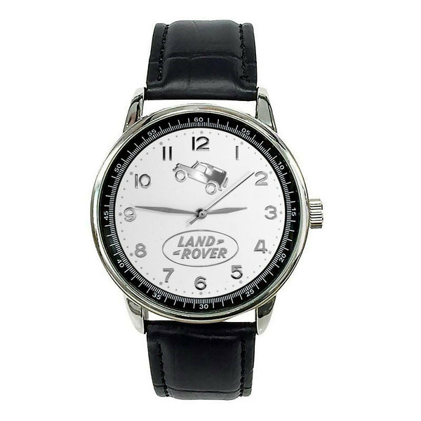 LAND ROVER Mens Stainless Steel WHITE Dial BLACK Leather Strap Sport CAR Watch