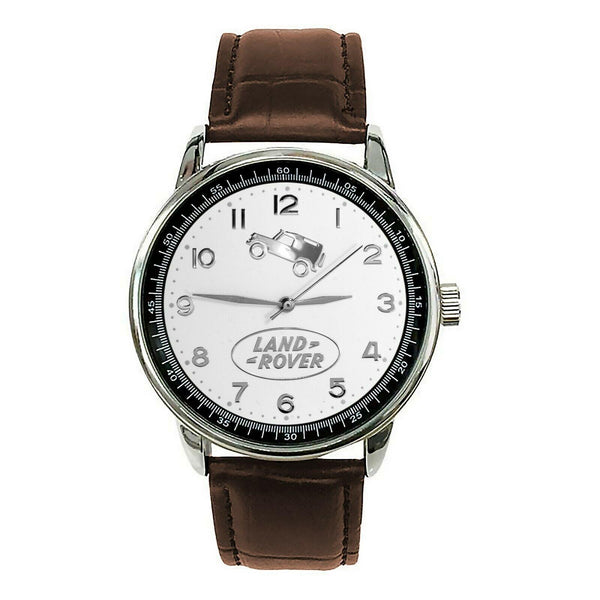 LAND ROVER Mens Stainless Steel WHITE Dial BROWN Leather Strap Sport CAR Watch