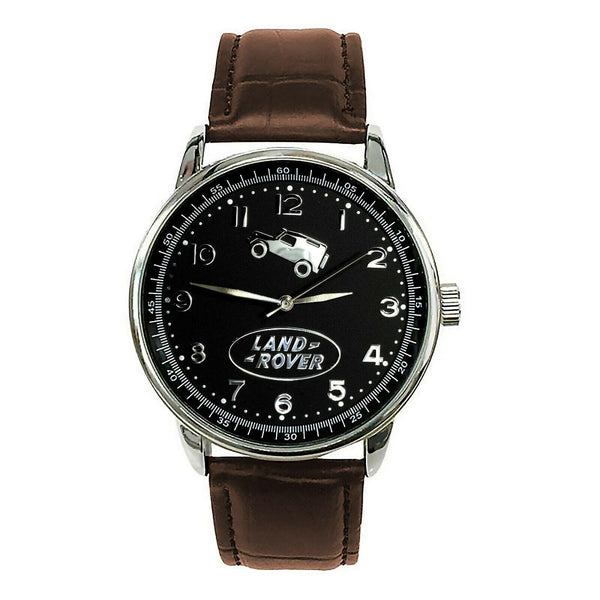LAND ROVER Mens Stainless Steel BLACK Dial BROWN Leather Strap Sport CAR Watch