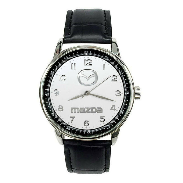 Mazda Mens Stainless Steel WHITE Dial Black Leather Strap Sport Watch