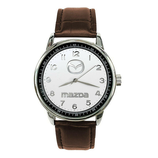 Mazda Mens Stainless Steel WHITE Dial BROWN Leather Strap Sport CAR Watch