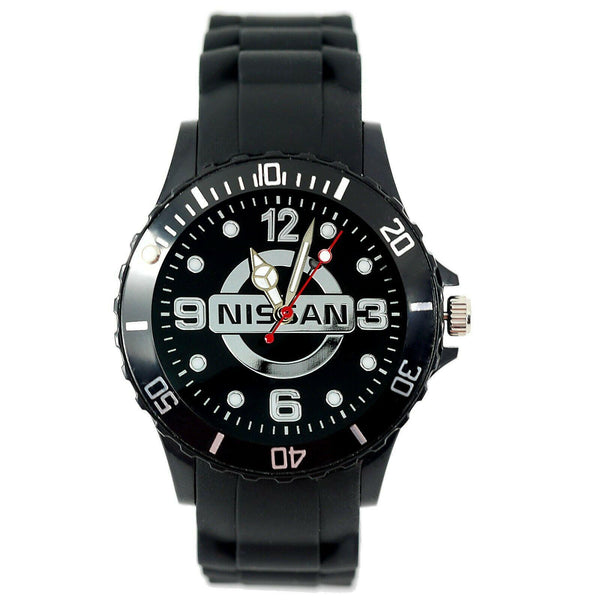 NISSAN Mens SILICONE Black CHROME Dial Sport RACING CAR Watch RELOJ UHR ZEGAREK