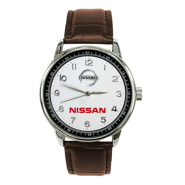 NISSAN Mens Stainless Steel WHITE Dial BROWN Leather Strap Sport CAR Watch