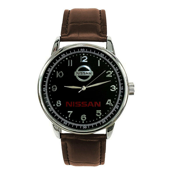 NISSAN Mens Stainless Steel BLACK Dial BROWN Leather Strap Sport CAR Watch