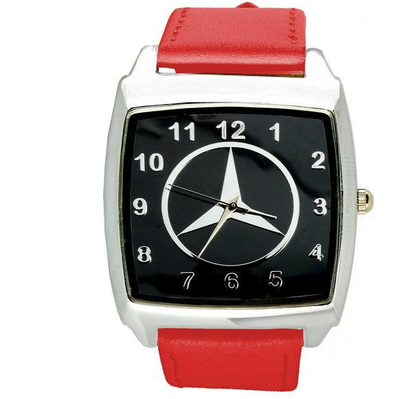 Mercedes Benz 3d chrome square sport watch RED real leather strap