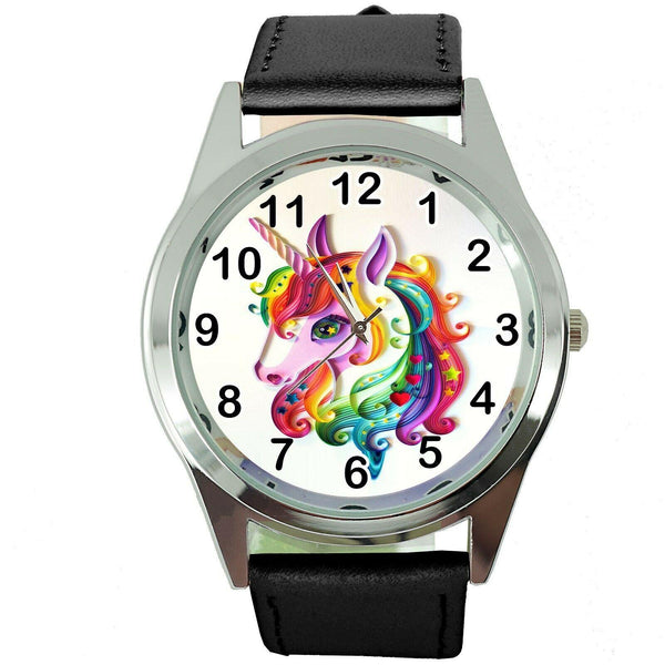 NEW UNICORN PONY BLACK LEATHER FILM MOVIE FAIRY TALE GIRL TV STEEL WATCH UK E1