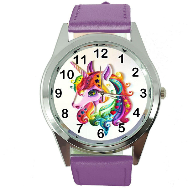 NEW UNICORN PONY PURPLE LEATHER FILM MOVIE FAIRY TALE GIRL TV STEEL WATCH UK E1