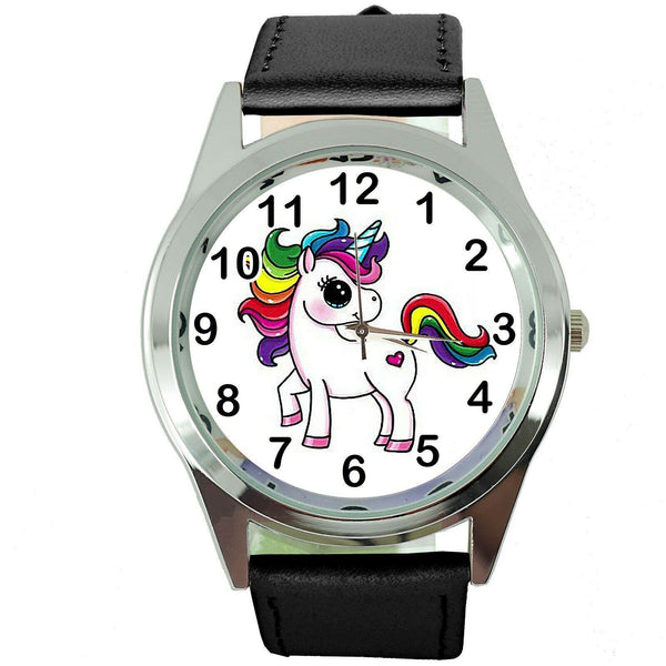 NEW UNICORN PONY BLACK LEATHER FILM MOVIE FAIRY TALE GIRL TV STEEL WATCH UK E2