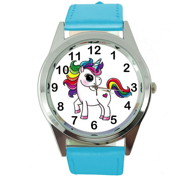 NEW UNICORN PONY BLUE LEATHER FILM MOVIE FAIRY TALE GIRL TV STEEL WATCH UK E2