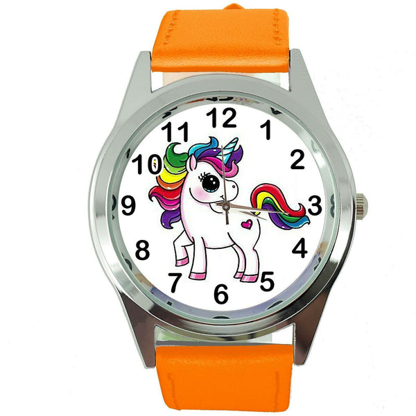 NEW UNICORN PONY ORANGE LEATHER FILM MOVIE FAIRY TALE GIRL TV STEEL WATCH UK E2