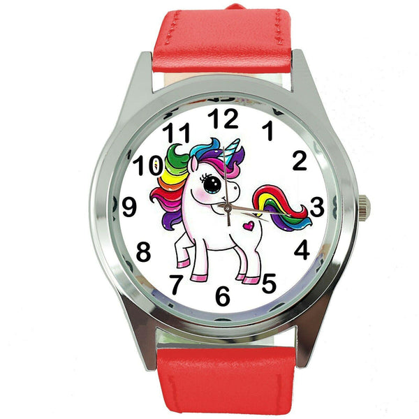 NEW UNICORN PONY RED LEATHER FILM MOVIE FAIRY TALE GIRL TV STEEL WATCH UK E2