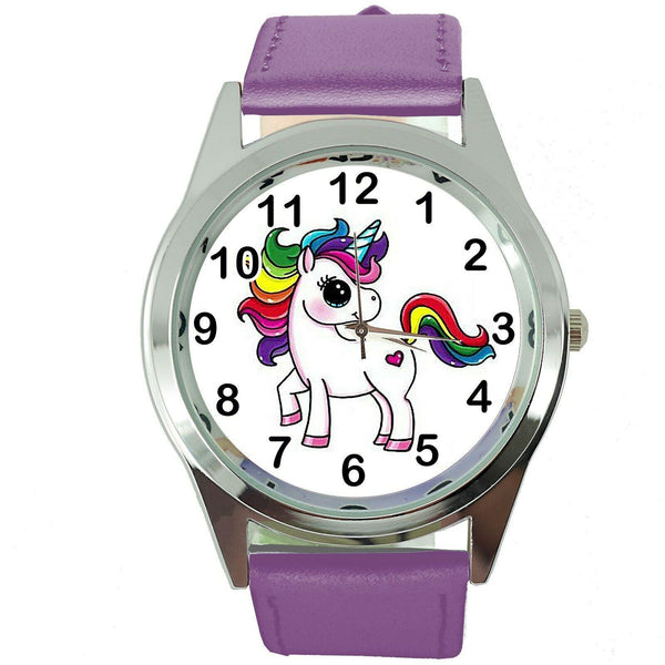 NEW UNICORN PONY PURPLE LEATHER FILM MOVIE FAIRY TALE GIRL TV STEEL WATCH UK E2