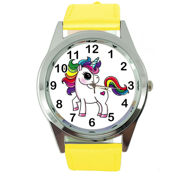 NEW UNICORN PONY YELLOW LEATHER FILM MOVIE FAIRY TALE GIRL TV STEEL WATCH UK E2