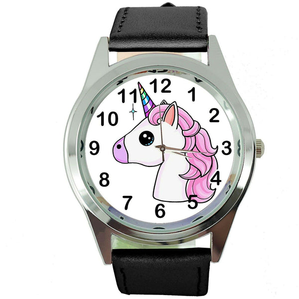 NEW UNICORN PONY BLACK LEATHER FILM MOVIE FAIRY TALE GIRL TV STEEL WATCH UK E3