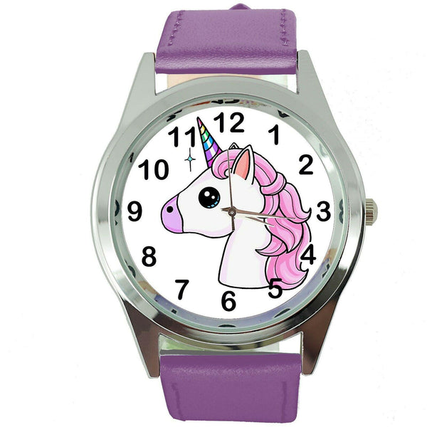 NEW UNICORN PONY PURPLE LEATHER FILM MOVIE FAIRY TALE GIRL TV STEEL WATCH UK E3