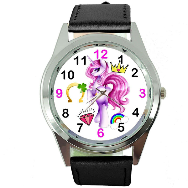 NEW UNICORN PONY BLACK LEATHER FILM MOVIE FAIRY TALE GIRL TV STEEL WATCH UK E4