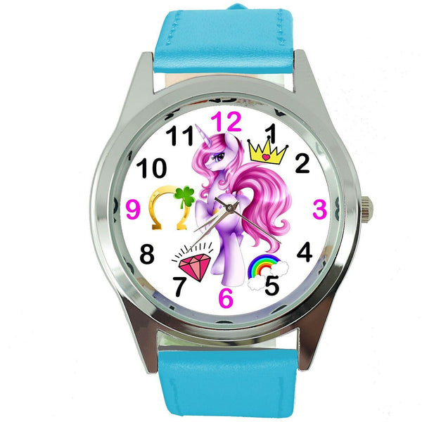 NEW UNICORN PONY BLUE LEATHER FILM MOVIE FAIRY TALE GIRL TV STEEL WATCH UK E4