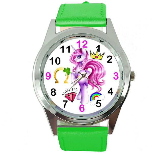 NEW UNICORN PONY GREEN LEATHER FILM MOVIE FAIRY TALE GIRL TV STEEL WATCH UK E4