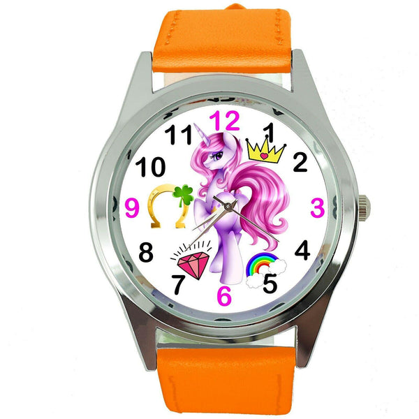 NEW UNICORN PONY ORANGE LEATHER FILM MOVIE FAIRY TALE GIRL TV STEEL WATCH UK E4