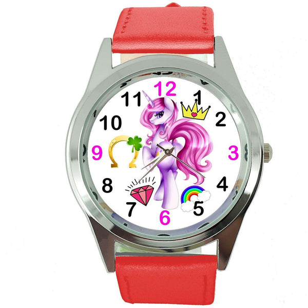 NEW UNICORN PONY RED LEATHER FILM MOVIE FAIRY TALE GIRL TV STEEL WATCH UK E4